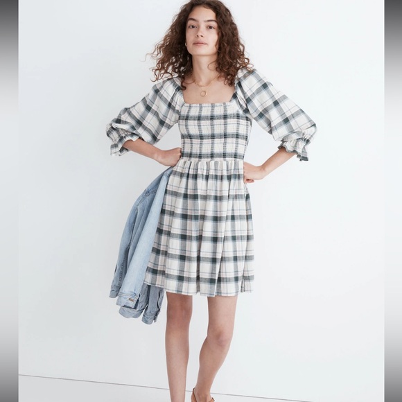 Madewell Lucie Elbow-Sleeve Smocked Mini Dress in Lebaum plaid.Small - Picture 1 of 7